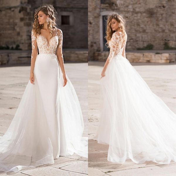 

2020 boho mermaid wedding dresses elegant lace appliqued bridal gown custom made wedding dress with overskirts beach