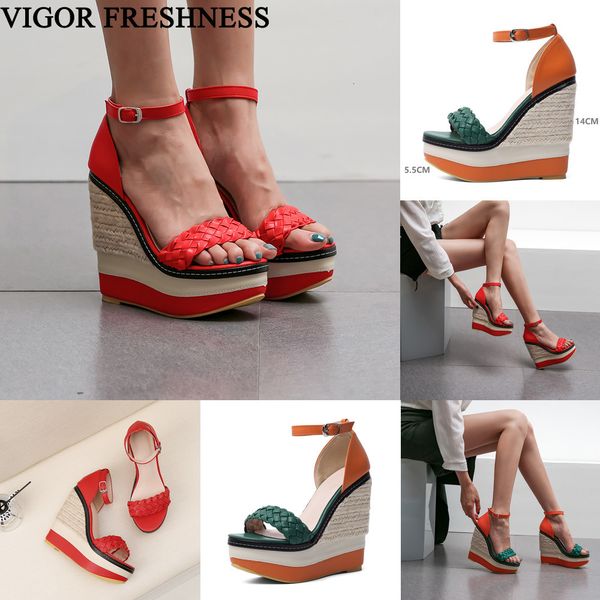 

vigor freshness women sandals 14cm wedges heels woman shoes platform lady dress shoes summer sandals weave party my427, Black