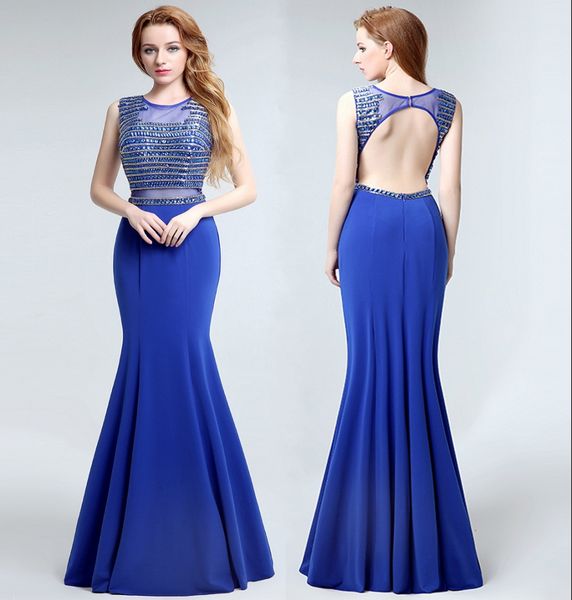 

fashion blue long tail fishtail evening dresses big round neck back hollow ballroom dresses luxurious crystal beaded mermaid prom gown, Black;red