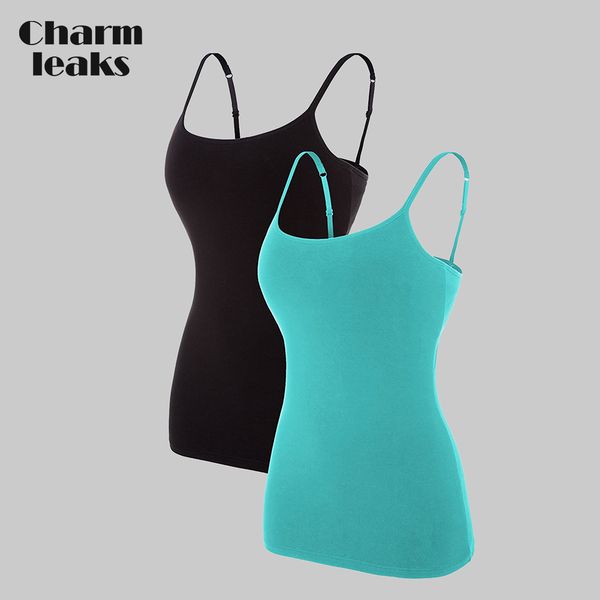 

charmleaks women basic camis cotton soft camisole tank bulit in self bra adjustable straps sleepwear jogging wear pack of 2, Black;blue