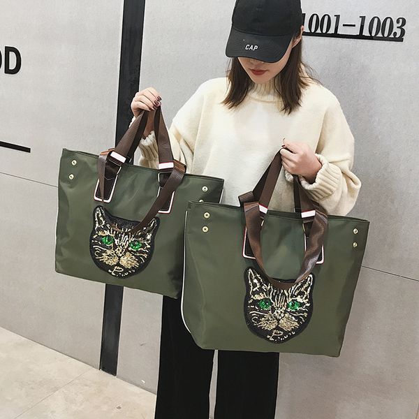 

2019 big size nylon sequin cat print handbags women large capacity shopping tote bag luxury designer zipper crossbody bag m490