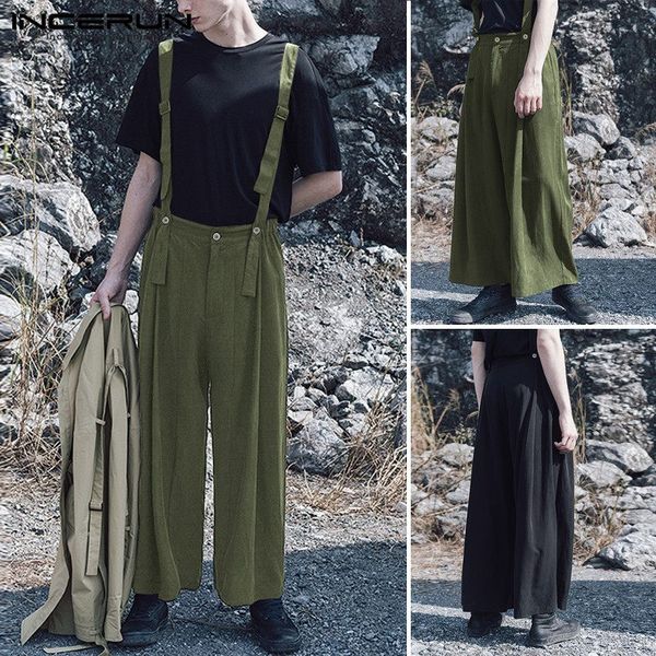 

incerun fashion men overalls joggers bib pants button loose solid harajuku jumpsuit 2020 casual wide leg trousers men streetwear, Black