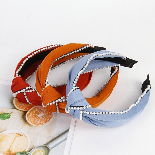 

satin pearl cross headband hairbands for lady pom pom hair band pearl head bands khaki hair colour style grvcg, Black;brown