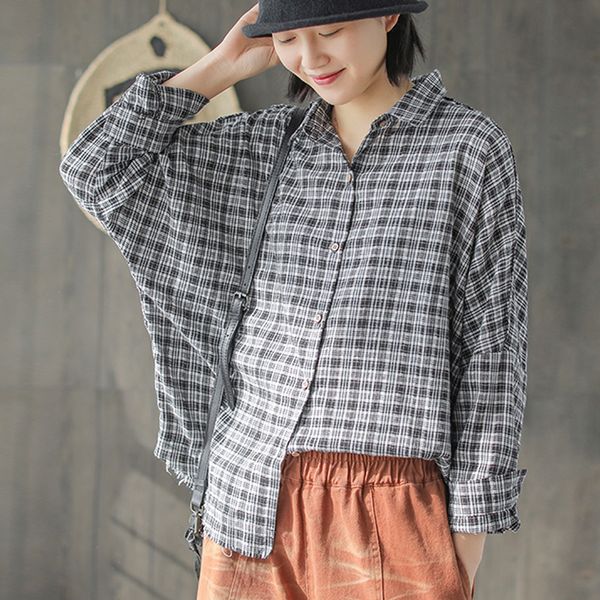 

johnature women plaid shirts cotton blouses long sleeve casual spring 2019 new button women clothing vintage soft shirts, White