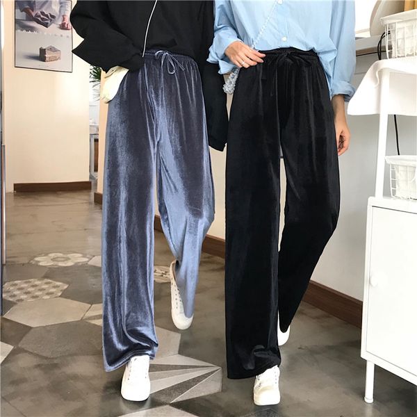 

широкие ноги высокой талией velvet клеш брюки эластичный тощий streetwear брюки женщин осень зимняя одежда тонкий штаны, Black;white