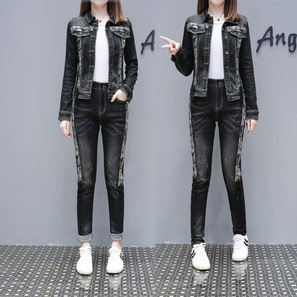 

european 2020 spring autumn new fashion heavy industry beaded denim jacket small feet jeanswo piece set women tide jfmhrx, White