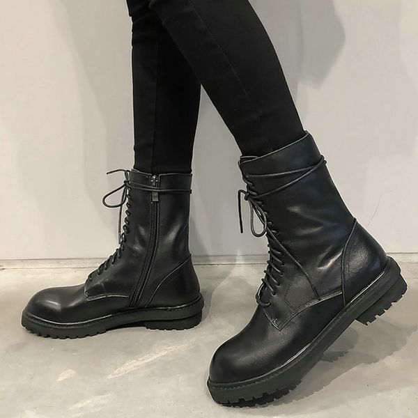 

eshtonshero chunky motorcycle boots for women autumn 2018 fashion round toe lace-up combat boots ladies shoes size 3-12, Black