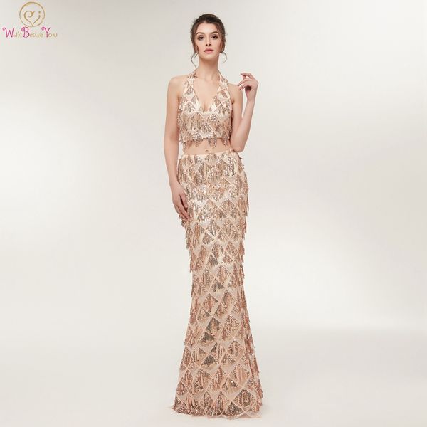 

Beading tulle prom dre e halter floor length two piece equined champagne mermaid ta el crop cu tom evening dre e