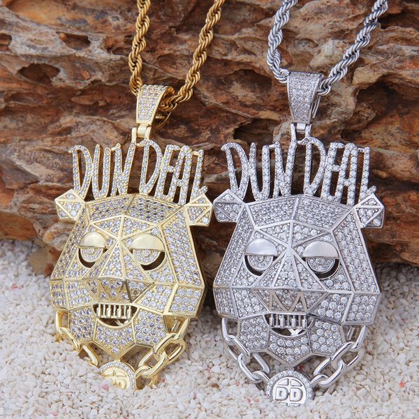

2019 new 14k gold cz cubic zirconia mens dundeal dog portrait necklace twist chain designer cartoon hip hop jewelry gifts for men and women, Silver
