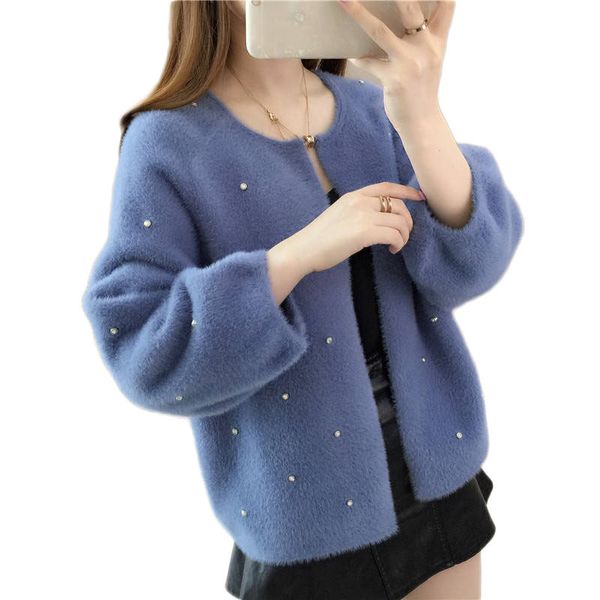 

2019 spring autumn women's short sweaters female fashion beading knit cardigans o-neck casual loose outerwear sweater coat a97, White