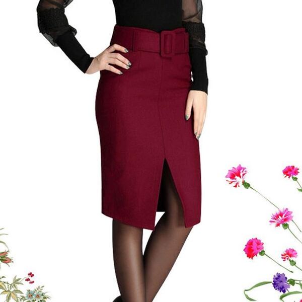 

2019 autumn winter retro woolen skirt warm knee-length women skirts elastic with belt df995, Black