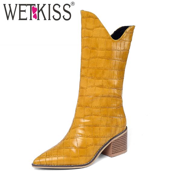 

wetkiss western boots women emboss pu mid-calf boot female high heels wood shoes ladies pointed toe shoes winter 2020 new, Black