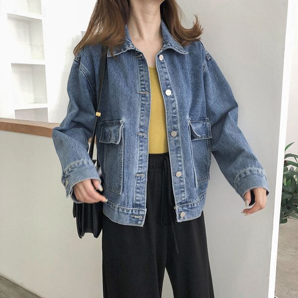 

2019 autumn women jean jacket korean version casual turn-down collar loose full sleeve coat blue single-breasted women's, Black;brown