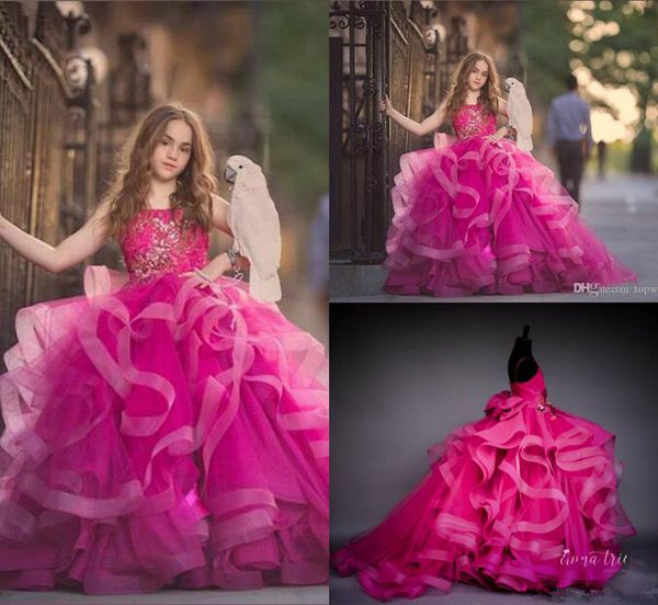 

fuchsia ruffles tiered skirt flower girls dresses 2020 jewel neck organza lace applique luxury princess toddler birthday communion dress, White;blue
