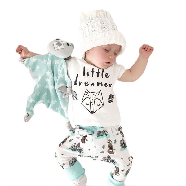 

2019 Новый малыш ребенок ребенок письмо напечатаны с коротким рукавом топы + лиса брюки Младенческая зеленая одежда платье 2 шт. / Лот