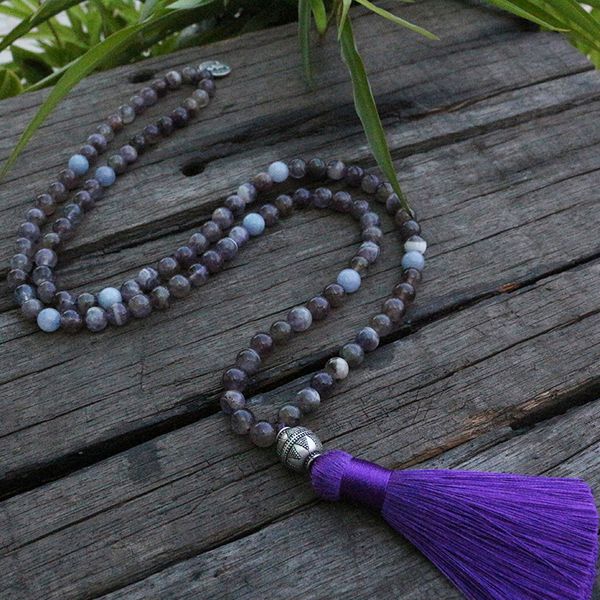 

8mm amethyst and aquamarine mala beads necklace, buddha pendant japamala, 108 bead mala, mala jewelry, yoga lovers jewelry, Silver