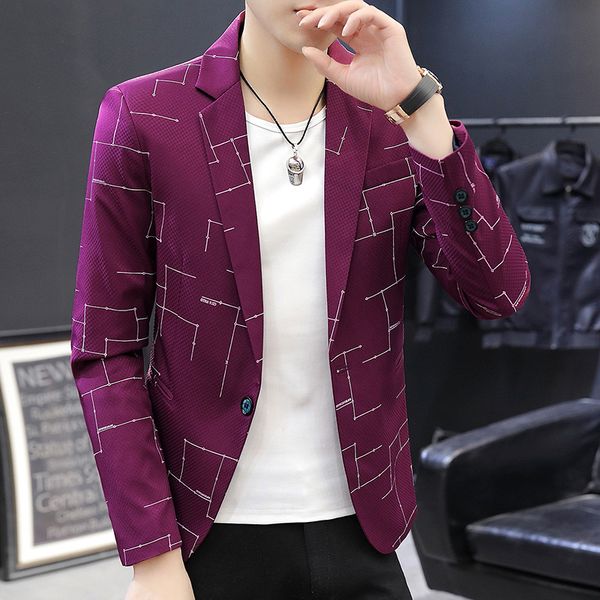 

2020 men's spring new leisure printing blazers teen fashion trend slim fit handsome lines blazer, White;black