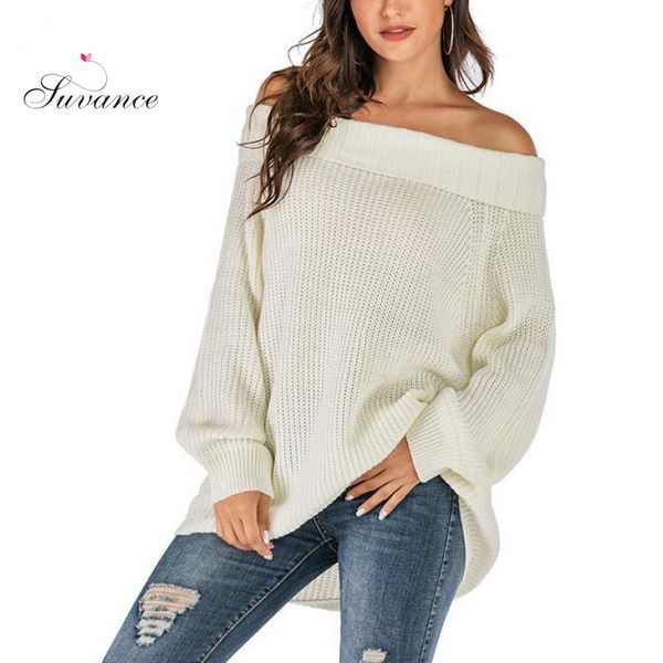 

2019 autumn winter casual knitted white color sweater slash neck loose size s-xl women basic pullover jl-bfz6177, White;black