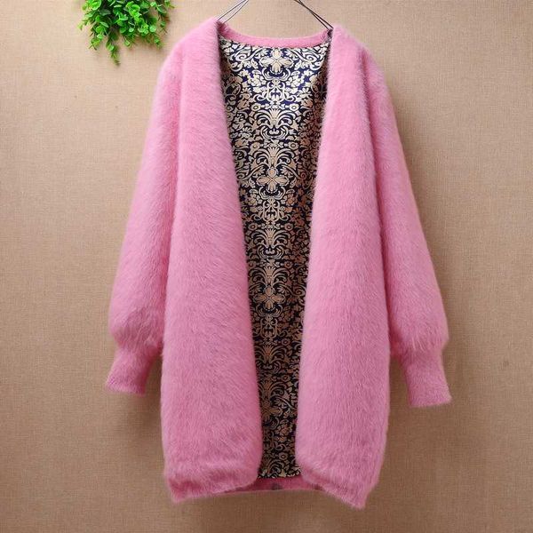 

ladies women winter sweet pink plush mink cashmere cardigans loose long lantern sleeves angora fur sweater knitted coat jacket, White