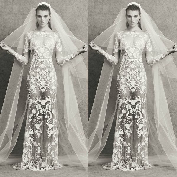 

zuhair murad 2020 mermaid wedding dresses illusion scoop lace long sleeve sweep train bridal gowns plus size robe de mariÃ©e, White