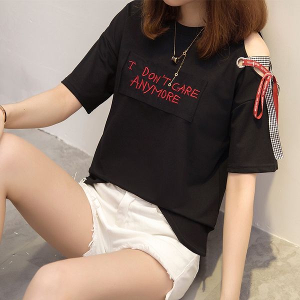 

2019 shoulder-leaking t-shirt straps letter embroidered fabric short-sleeved t-shirt female loose all-match student fashion, White