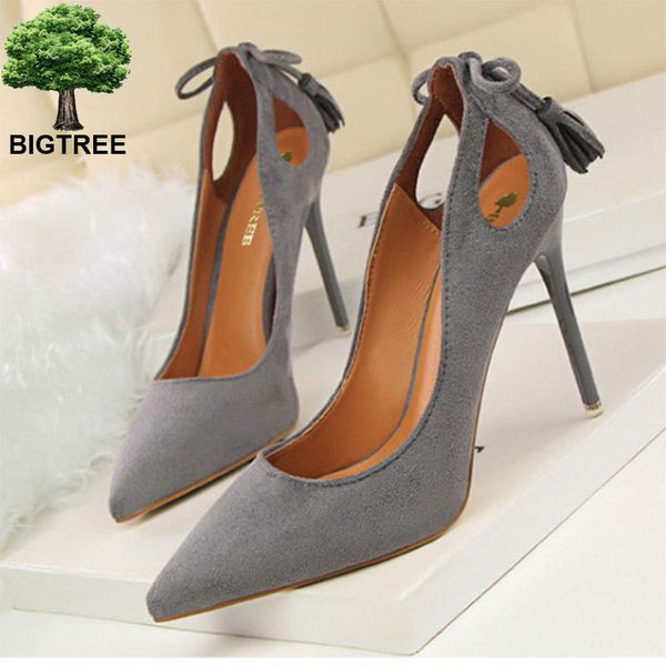 

bigtree autumn cut-outs bowtie tassel women pumps fashion solid suede pointed toe shallow high heels shoes, Black