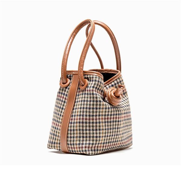 

designer handbag autumn and winter design cloth drawstring button bucket bags thousand bird pattern simple lamb hair bag shoulder bags