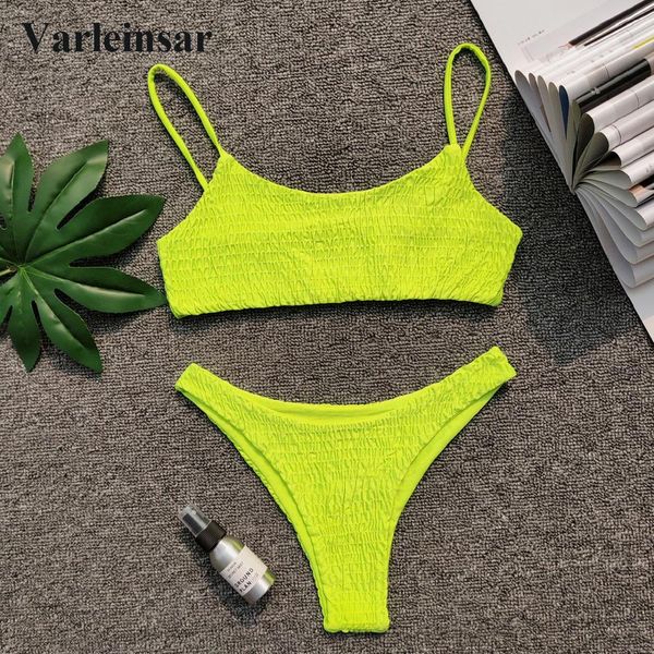 

new neon green wrinkled bikini 2019 female swimsuit women swimwear two-pieces bikini set bather bathing suit swim v713g