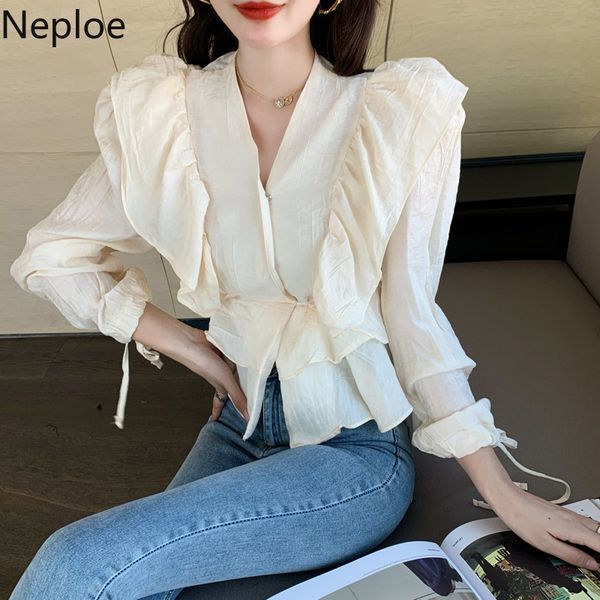 

neploe new v-neck women shirt korean pleated ruffle patchwork blusas 2020 spring lace up long sleeve slim waist blouses 59055, White