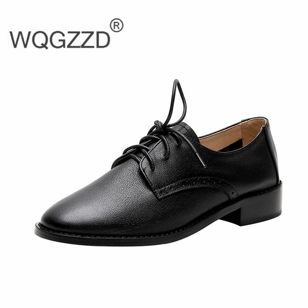 

falt shoes women's loafers genuine leather oxford shoes comfortable soft british style oxford zapatos mujer, Black