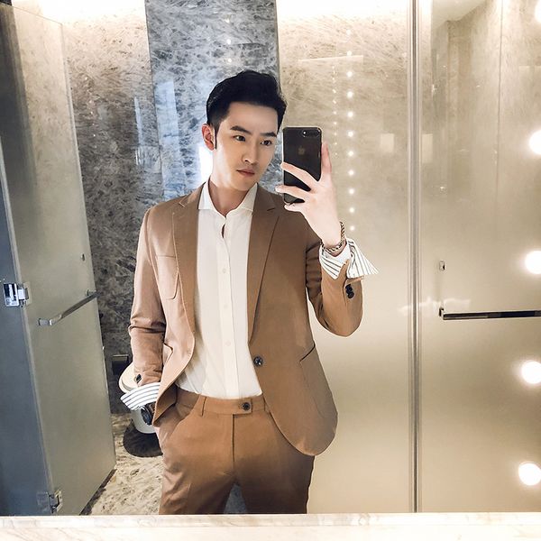 

spring korean slim fashion men's business casual suit two piece suit set solid color young bridegroom man, White;black