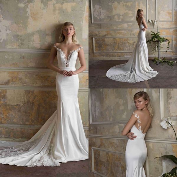 

limor rosen 2019 русалка свадебные платья иллюзия sheer шеи кружева аппликация атласные свадебные платья пляж boho свадебные платья noiva, White