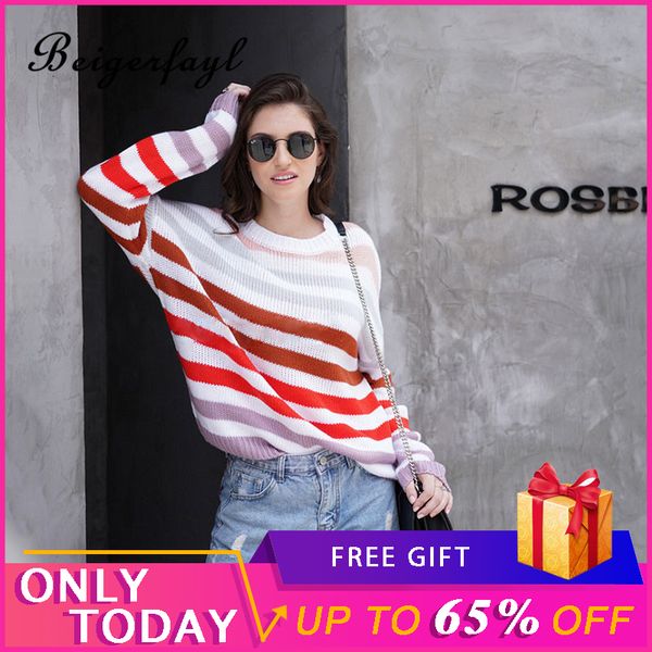 

beigerfayl blusas mujer de moda 2019 loose rainbow sweaters stripe knitted pullover woman camisola de malha casual kawaii e2014, White;black
