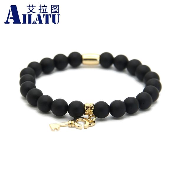 

ailatu 8mm real matte onyx beads with key pendant bracelet stone jewelry, Golden;silver