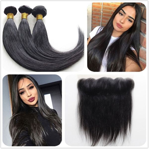 

13x4 кружева фронтальная с 3 пучки бразильские прямые волосы с фронтальная закрытие уха до уха кружева фронтальная закрытие с пучками (14 16, Black