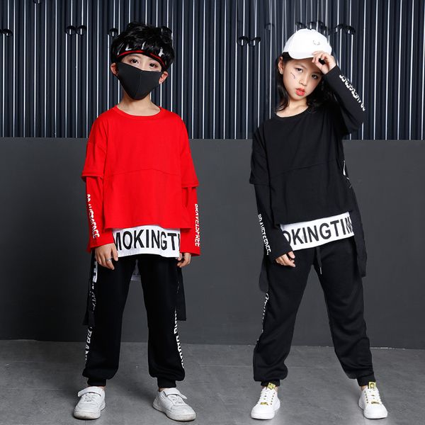 

hip hop costume for girls boys red jazz ballroom clothes kids dance clothing stage costume child streetwear dancing clothing, Black;red