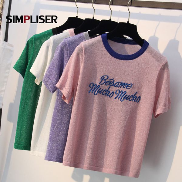 

bling casual tees women knitting letter embroidery ladies shirts summer cool sweaters female pullovers pink white loose, White;black