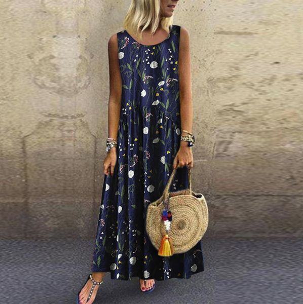 

2019 women's dresses plus size bohemian o-neck floral print dress feminine summer vintage sleeveless long maxi dress vestidos, Black;gray