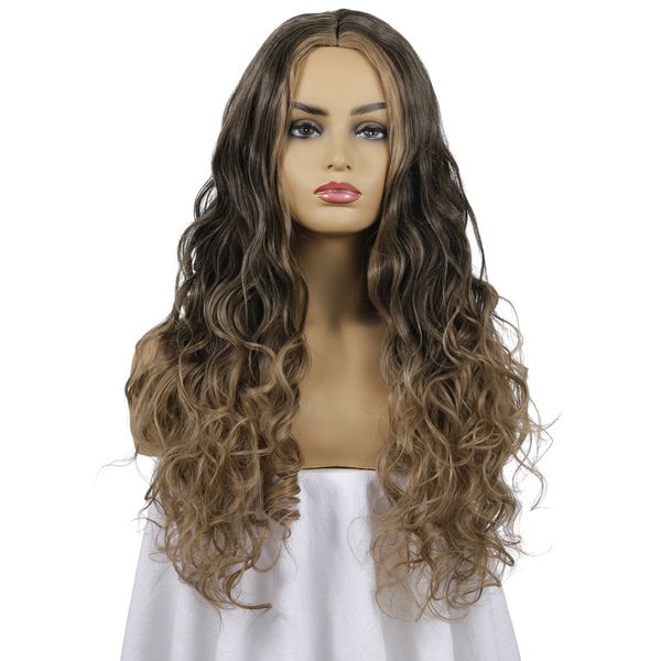 

new design foreign trade black and brown mix color long wavy synthetic hair wigs
