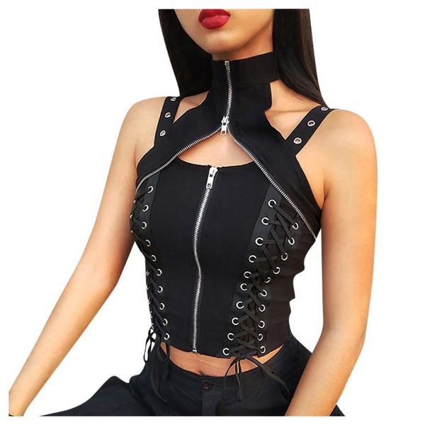 

2020 fashion women crop sleeveless blouse zip up short tank shirt ladies clubwear party night tanks new, White