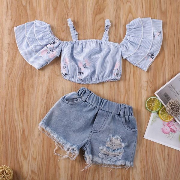 

toddler kids girls clothes set summer causal ruffle off shoulder floral vest crop +denim shorts summer children outfits set, White