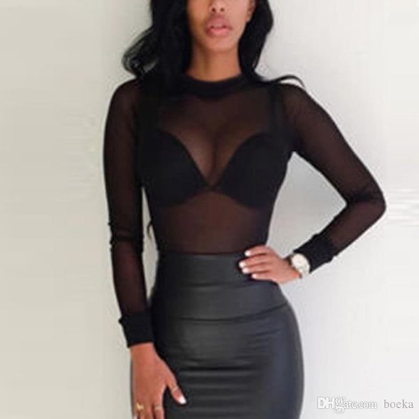 

женщины рубашка сексуальный видеть сквозь прозрачные сетки топы с длинным рукавом тонкий дамы водолазка футболка, White