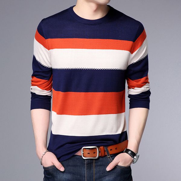 

autumn winter sweater men's clothing striped warm round neck long sleeve knitted sweaters 1167, White;black