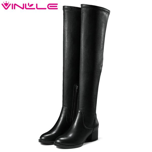 

vinlle 2018 women boots over the knee boots square med heel zipper genuine leather slim legs ladies motorcycle shoes size 34-39, Black