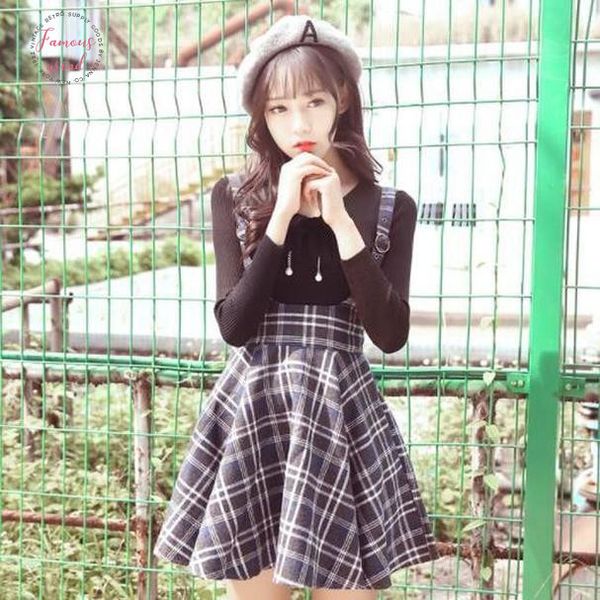 

new plaid suspender skirt autumn japanese vintage wool slim pleated skirts college sweet strap mini skirts dv171, Black