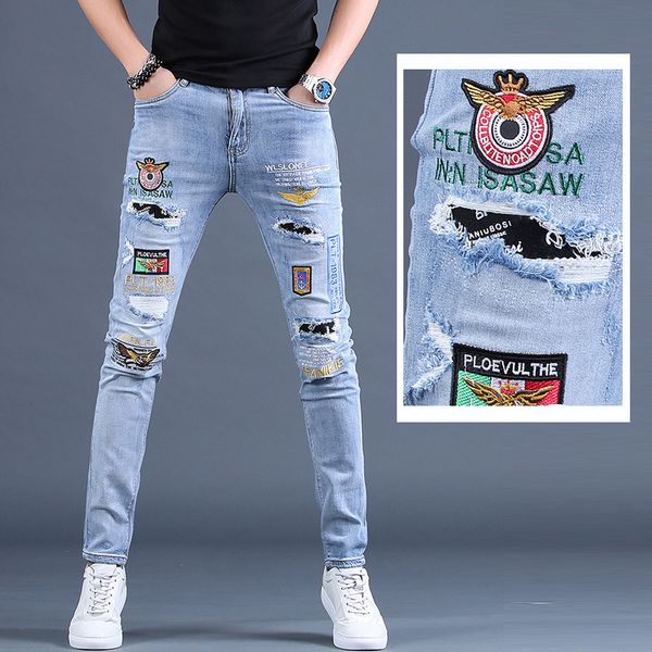 

men's jeans summer thin embroidered ripped pants skinny men, Blue