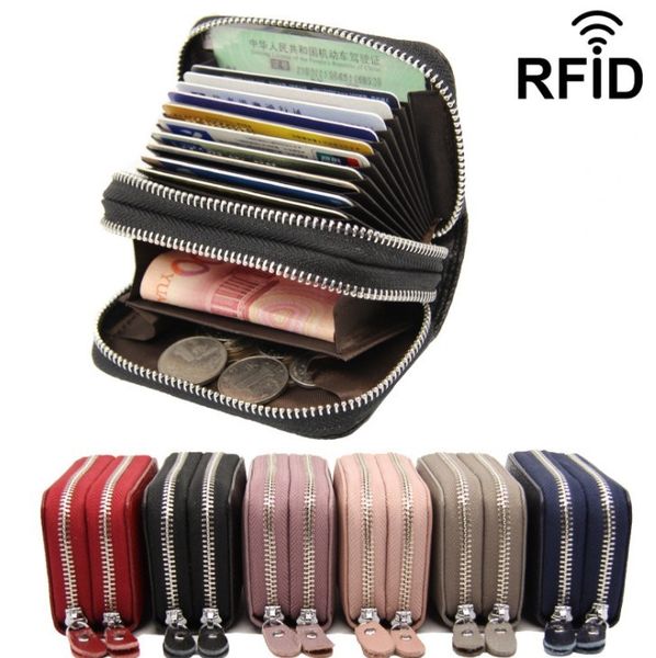 

new 12 colors geniu leather credit card bags anti-scan rfid bags double zip soft leather coin purse, Brown;gray