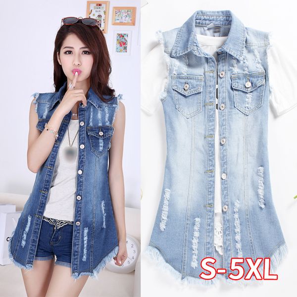 

spring summer denim vest coat women loose long ripped hole coat female casual slim vintage long sleeveless outerwear plus size, Black;white
