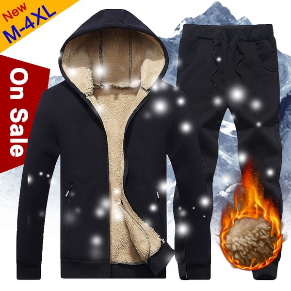 

winter thicken mens set couple tracksuit men cotton hooded warm sweatshirt male fleece lamb wool cashmere women jacket+pant 2pc, Gray
