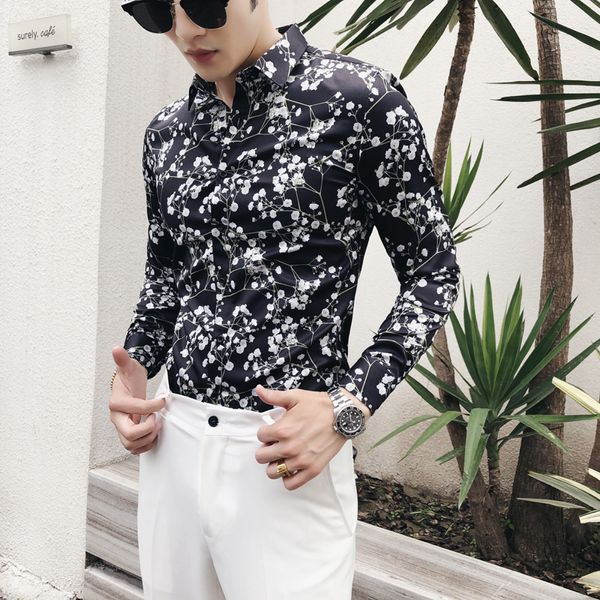 

gzdeerax black mens shirts luxury long sleeve all printed casual mens dress shirts fashion slim fit party flower male, White;black